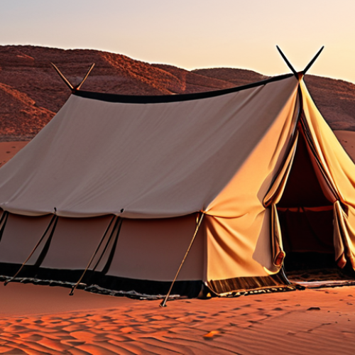 Home 4 A Bedouin tent in the desert at sunset.