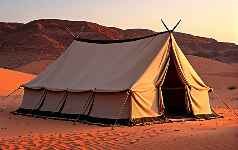 A Bedouin tent in the desert at sunset.