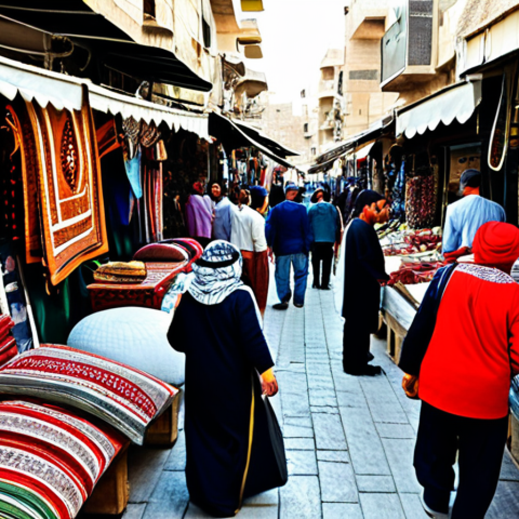요르단 여행자의 건강보험 선택 가이드 - **Prompt:** A bustling Amman marketplace, filled with vibrant textiles and local artisans, fully clo...