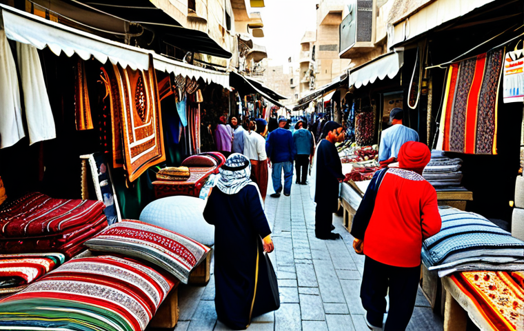 요르단 여행자의 건강보험 선택 가이드 - **Prompt:** A bustling Amman marketplace, filled with vibrant textiles and local artisans, fully clo...