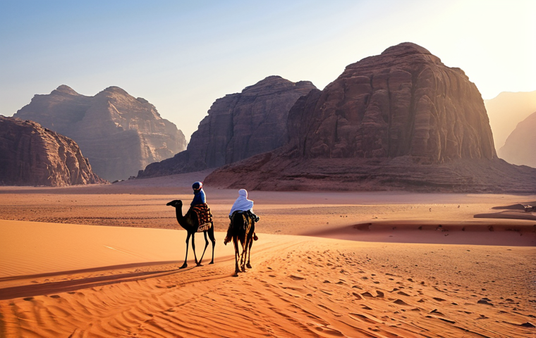 요르단 여행자의 건강보험 선택 가이드 - **Prompt:** The ancient city of Petra, carved into sandstone cliffs, fully clothed tourists explorin...