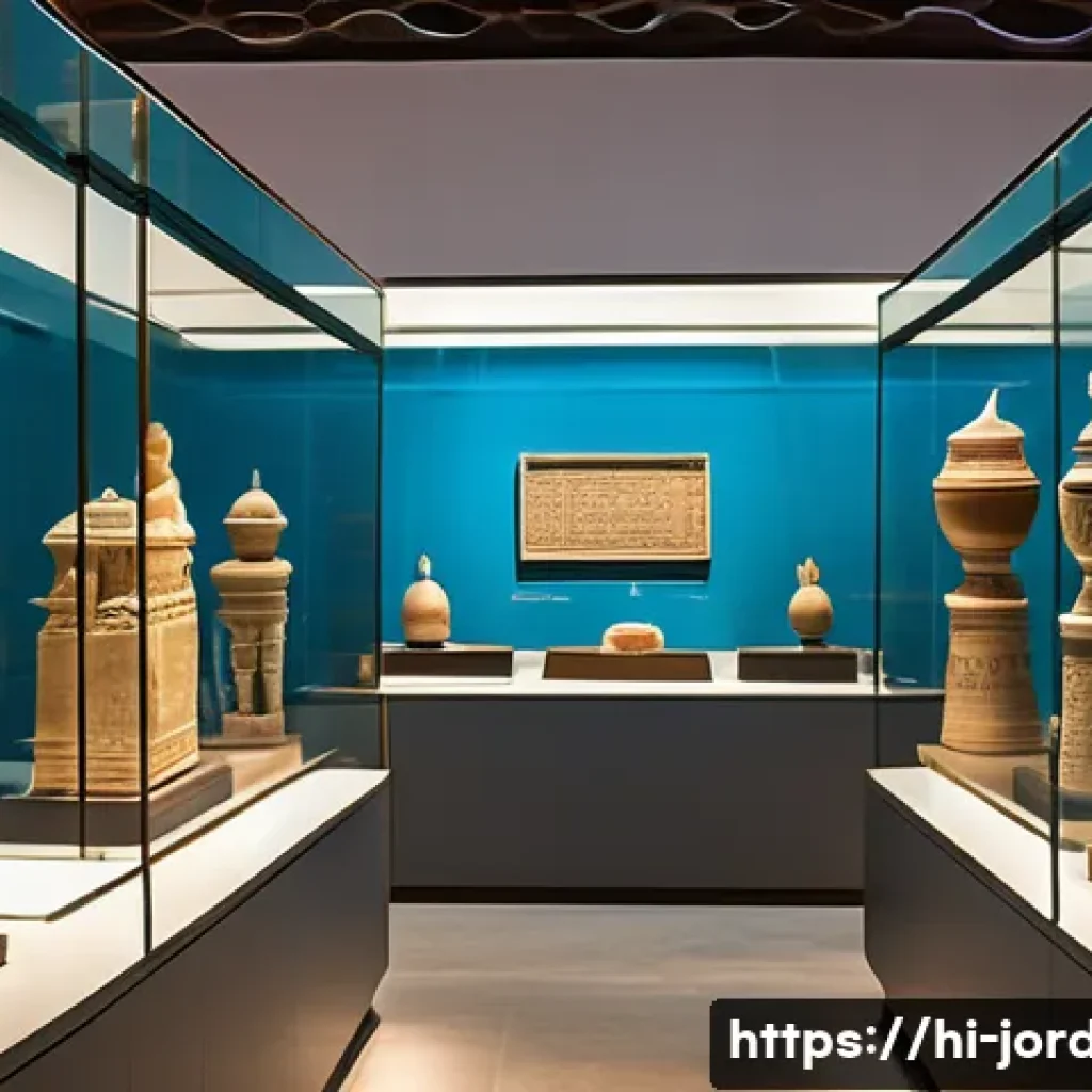 요르단 국립 박물관 소개 - An intricately detailed scene inside the Jordan National Museum showcasing ancient artifacts from Na...