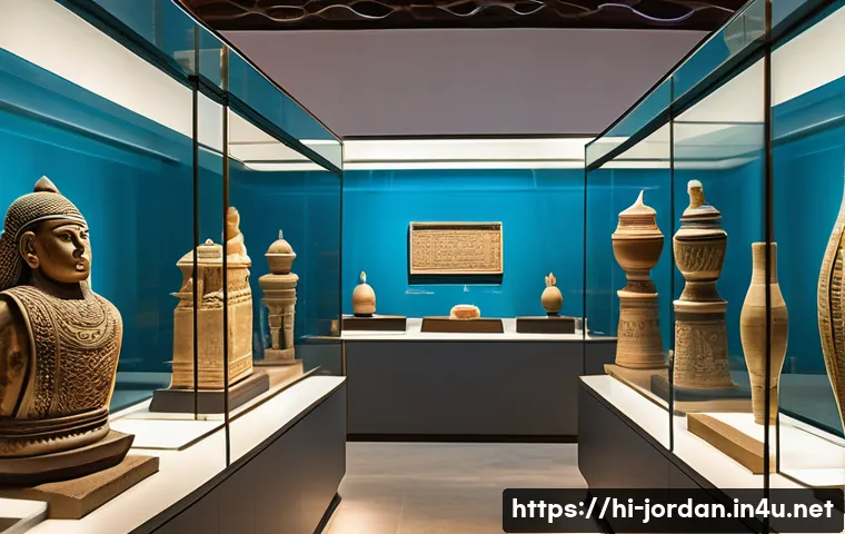 요르단 국립 박물관 소개 - An intricately detailed scene inside the Jordan National Museum showcasing ancient artifacts from Na...