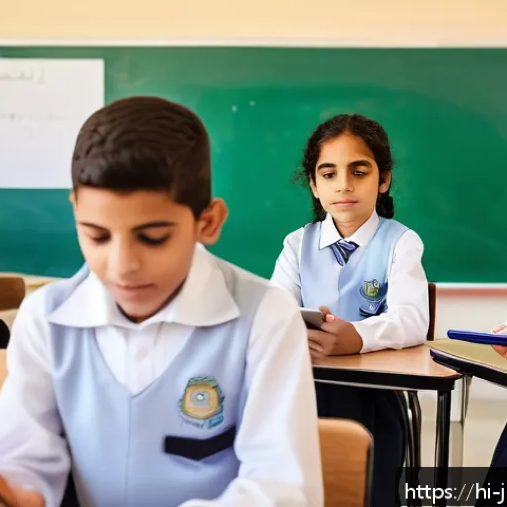 요르단 교육 시스템 소개 - A vibrant classroom scene in a Jordanian private school showing diverse students wearing school unif...