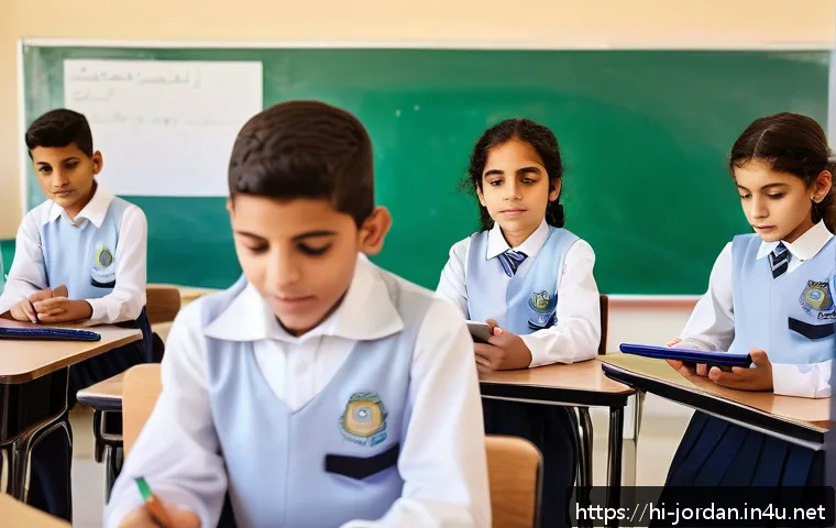 요르단 교육 시스템 소개 - A vibrant classroom scene in a Jordanian private school showing diverse students wearing school unif...