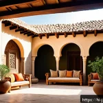 Home 18 요르단의 전통 가옥 디자인 - A traditional Jordanian house courtyard scene during a warm sunny day, featuring thick earthen walls...