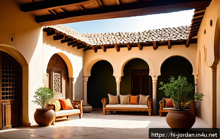 요르단의 전통 가옥 디자인 - A traditional Jordanian house courtyard scene during a warm sunny day, featuring thick earthen walls...